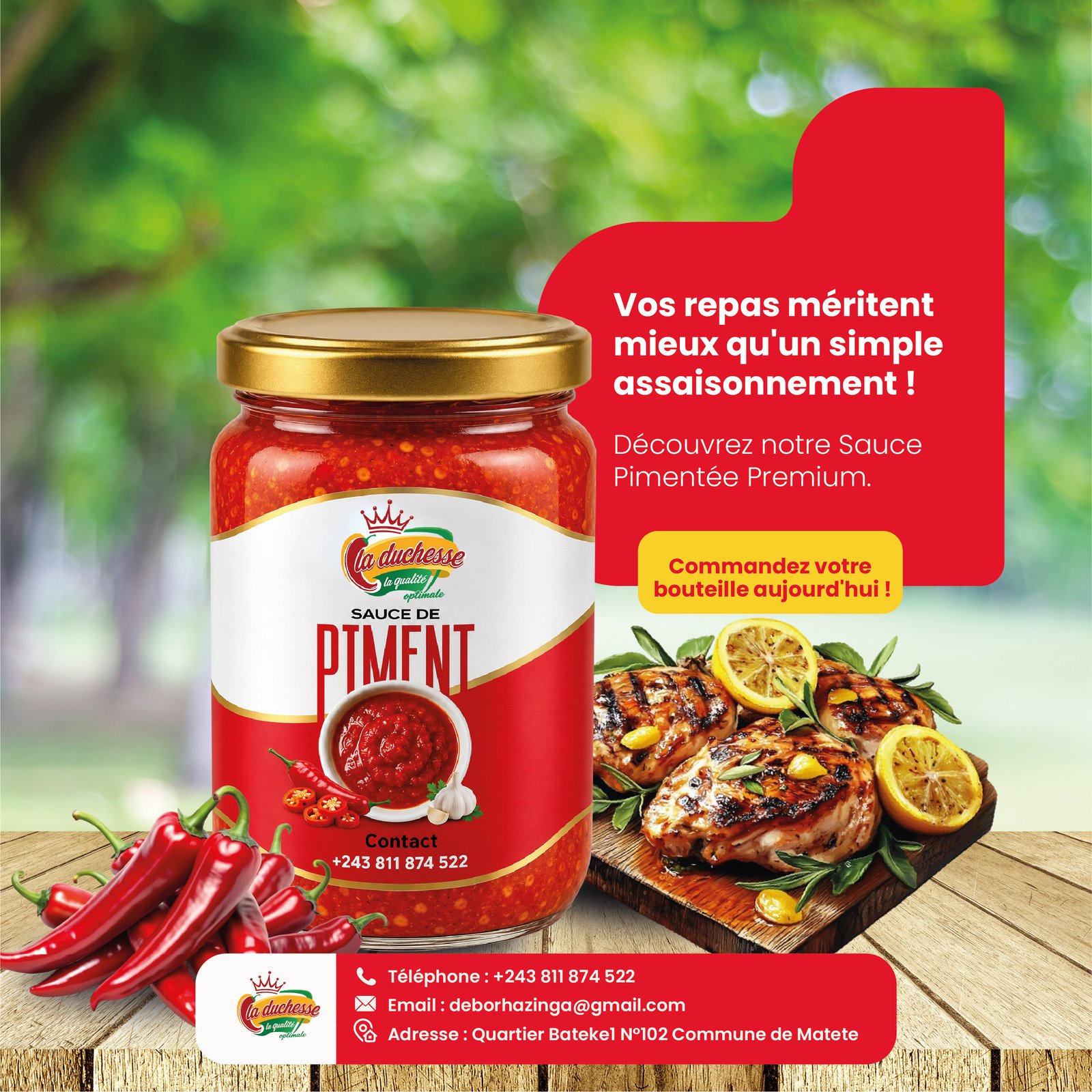 Sauce pimentée premium La Duchesse avec un plat grillé